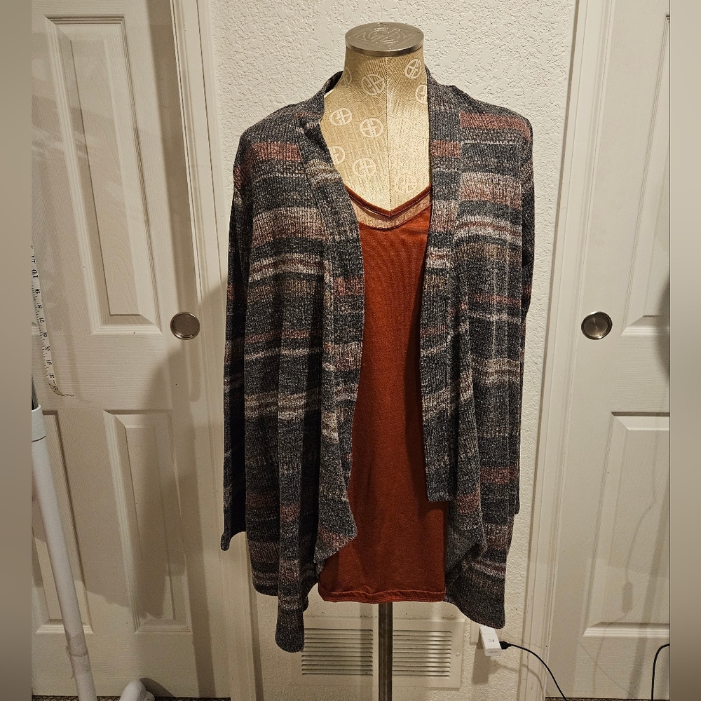 Striped Gray and Brown Women's Flannel With Attached Tank Top. 2X